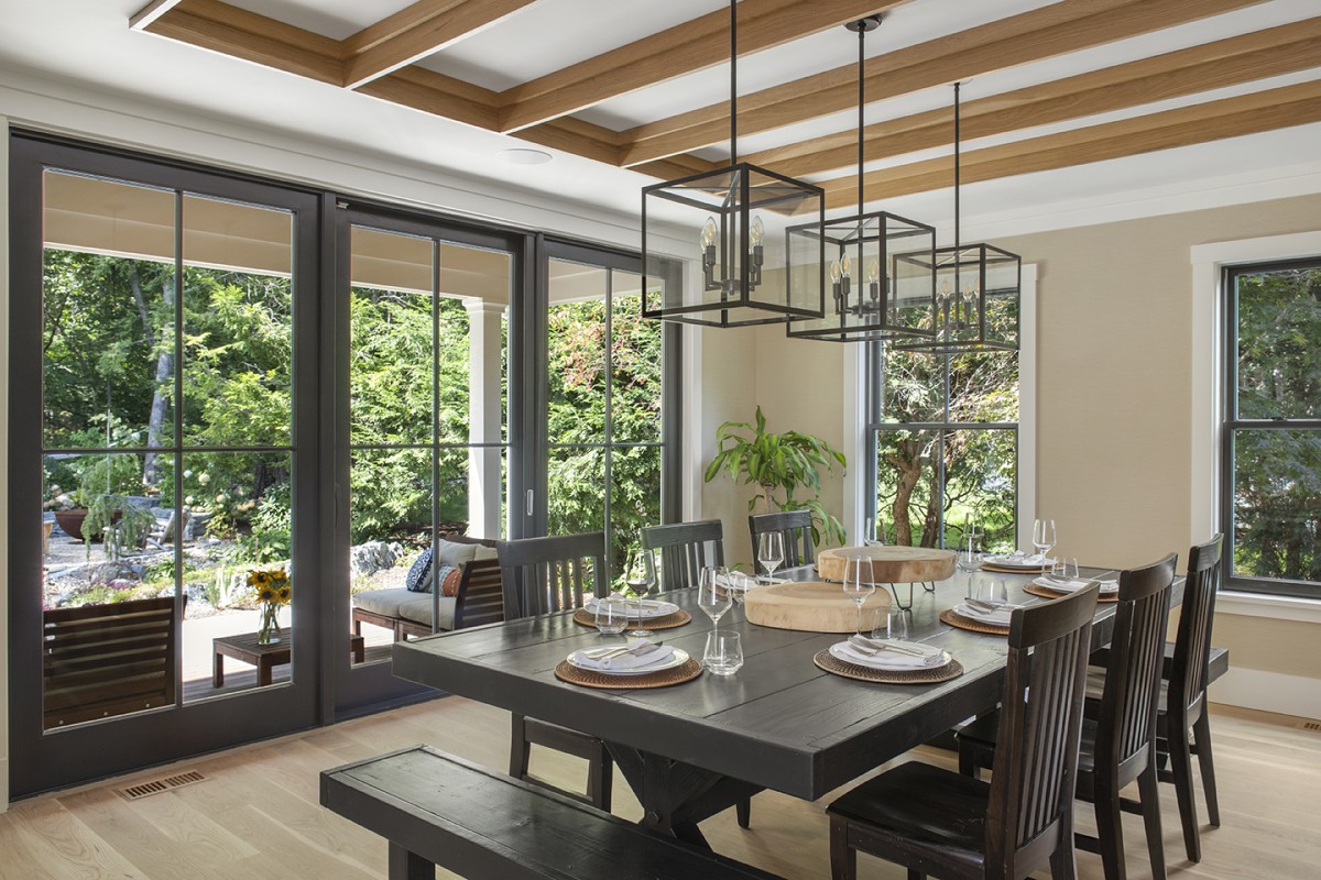 dining room with oak ceiling© Jacob Lilley Architects Needham, MA