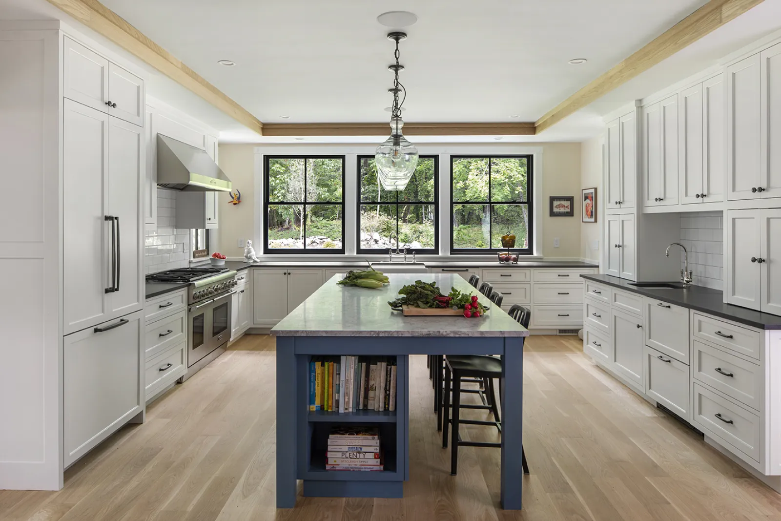 transitional kitchen with large island