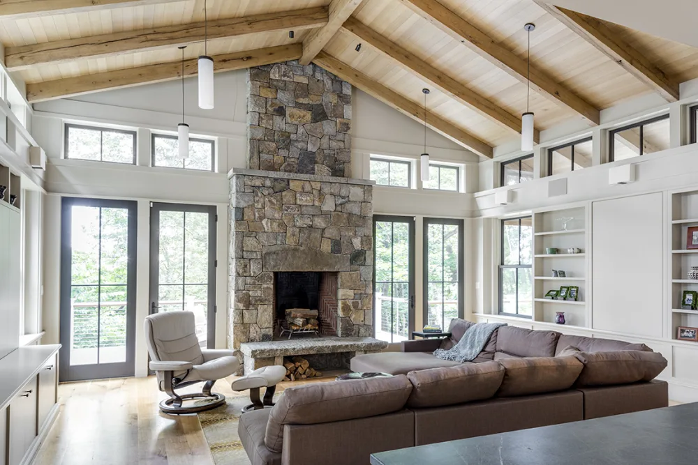 family room with oak ceiling and beams