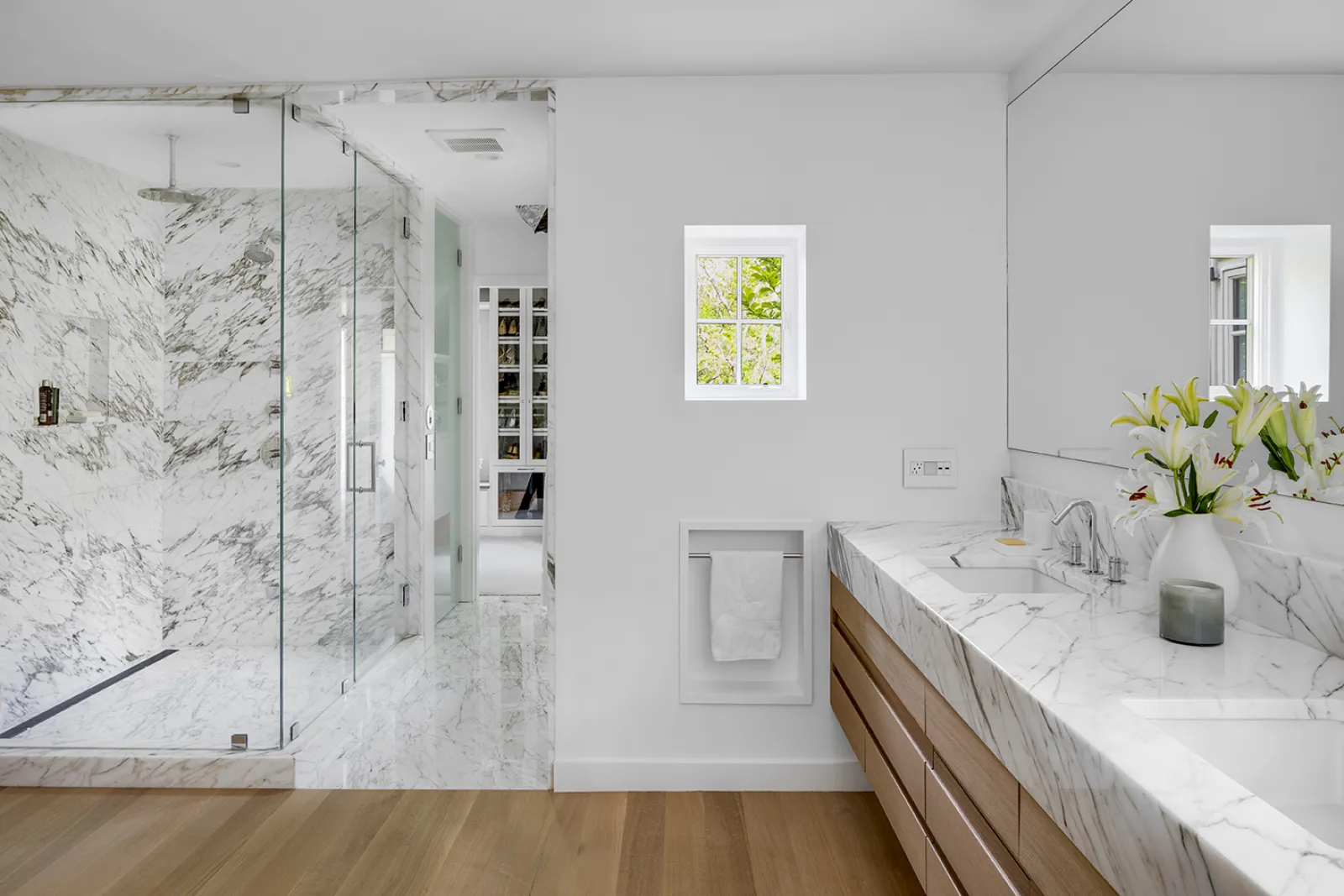 modern bathroom with wood and stone