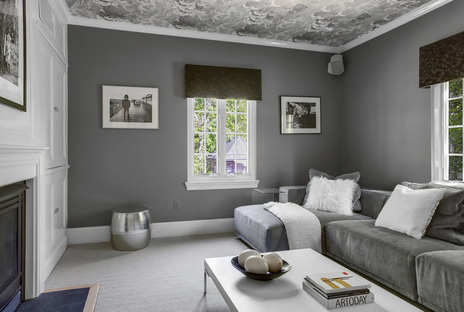 tv room with wall covering cloud art on the ceiling